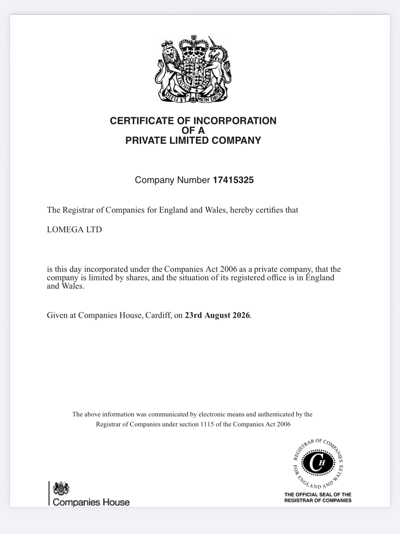 LOMEGA LTD Certificate of Incorporation